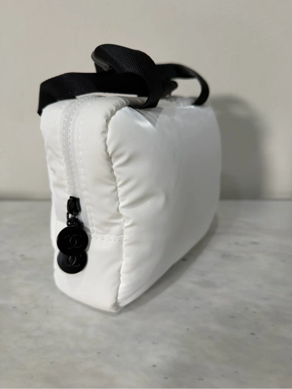CHANEL White Cosmetic Pouch with Black Handles